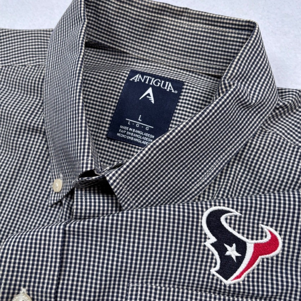 Houston Texans Button Down Men L Dark Navy Blue Micro Check Long Slv NFL Antigua